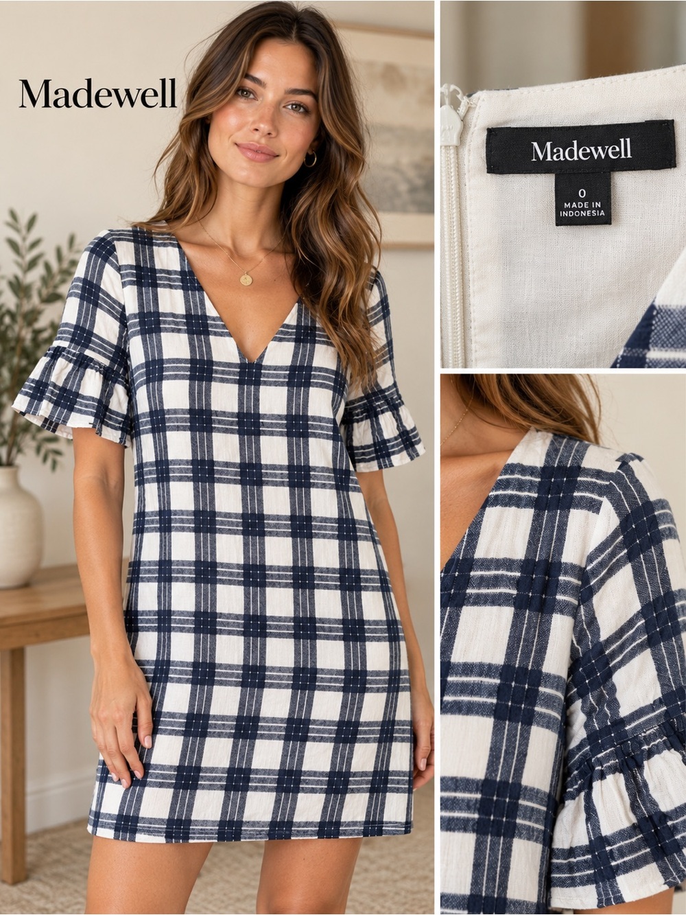 Madewell Navy & White Plaid V-Neck Short Sleeve Tunic Dress